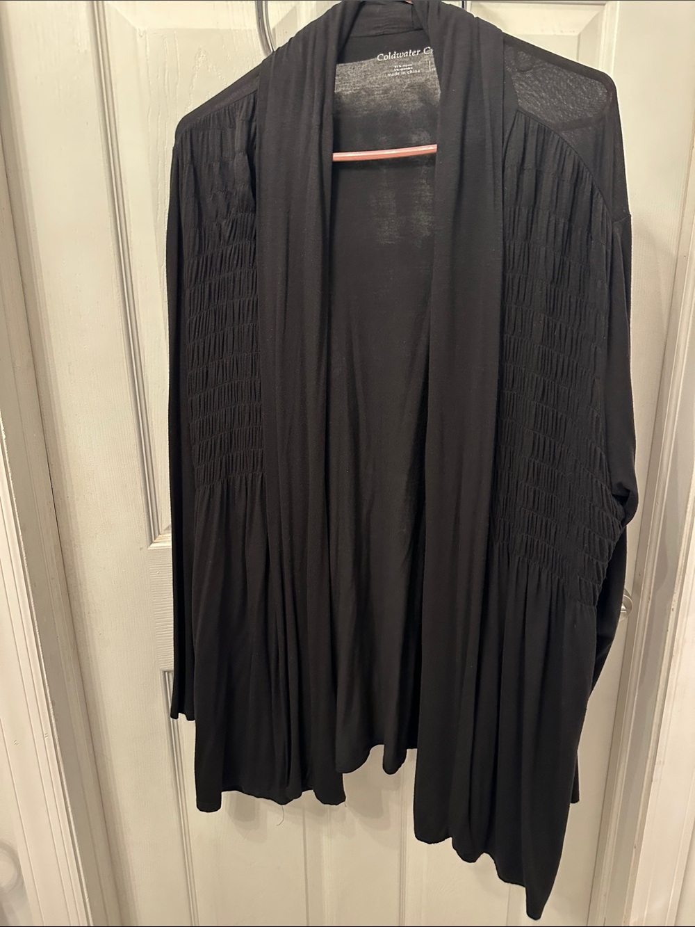 Coldwater Creek Black Draped Open Cardigan with Smocked Panels